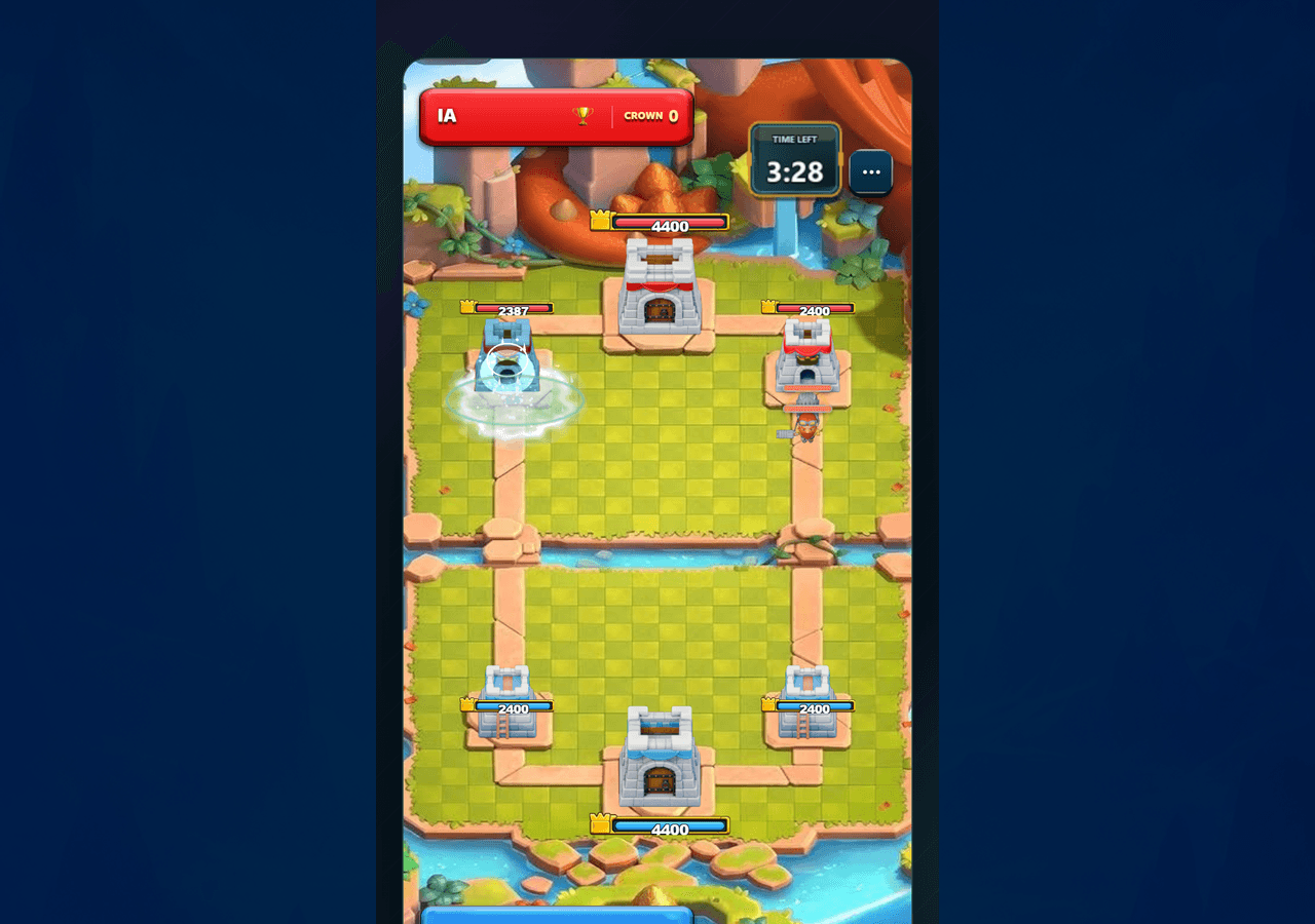 Rivalcrest real-time battle with towers, deployed units, card hand and resource bar