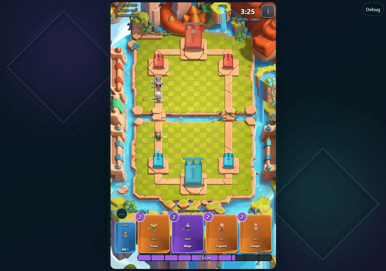 Rivalcrest real-time battle with towers, deployed units, card hand and resource bar