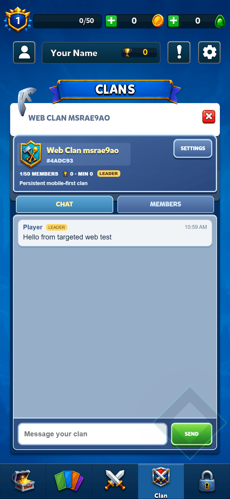 Rivalcrest Clan screen showing clan identity, roles, members and real-time chat